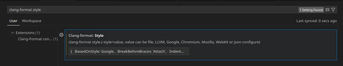 clang-format.style in settings set to a JSON string